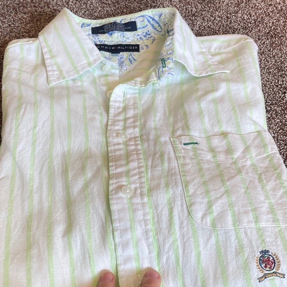 Y2K vintage Tommy Hilfiger Men's cotton/linen/ramie white + lime green Striped L - Picture 2 of 10